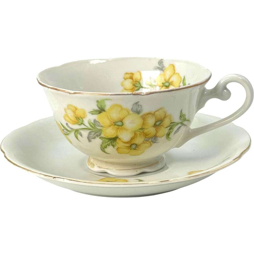 Tea Cup Saucer Yellow Floral Gold Trim Scalloped Footed Made in Japan VTG